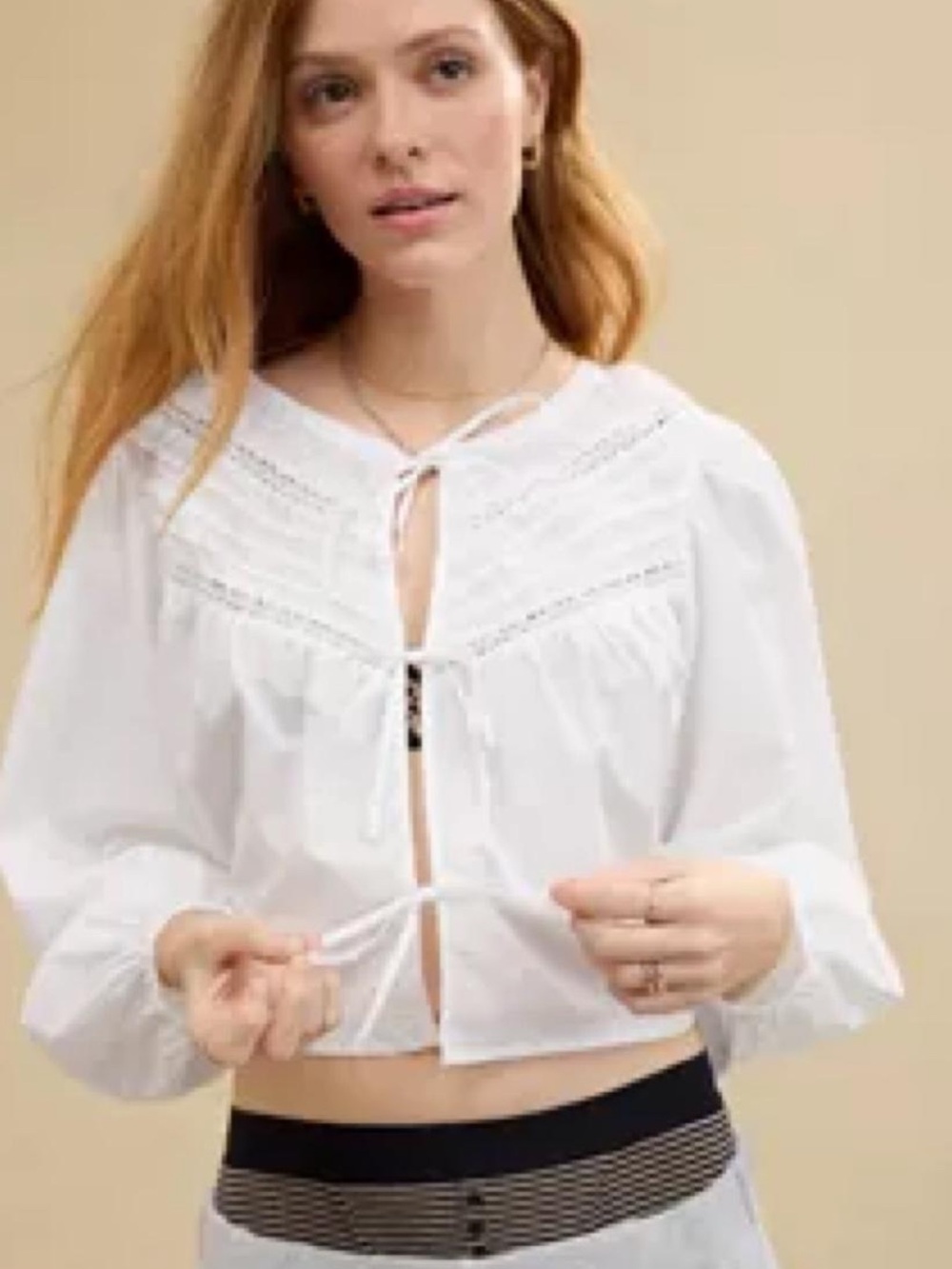 aerie White Cropped Tie-Front Peasant Blouse